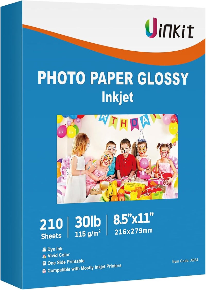 Uinkit ورق طباعة رقيق لامع 30 رطل 8.5x11 طباعة نفاثة حبر جانب واحد حقيبة رقاقة DIY 115 جرام صور للطباعة النفاثة بالحبر بحجم خطاب A4 كتيب (8.5x11x210) - Image 1